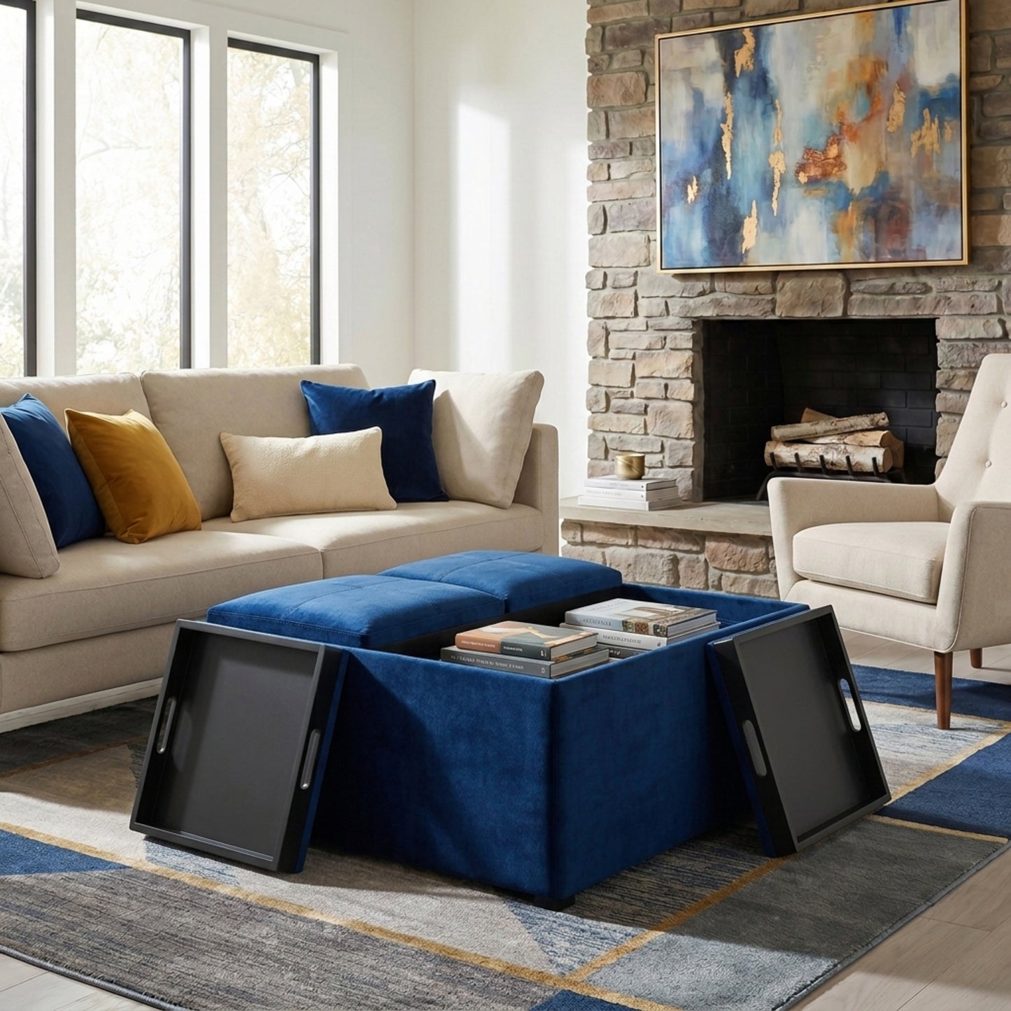 Blue Velvet Fabric | Avalon Table Ottoman in Velvet Fabric