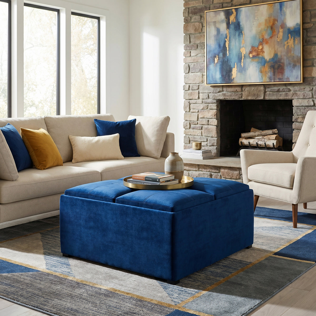 Blue Velvet Fabric | Avalon Table Ottoman in Velvet Fabric