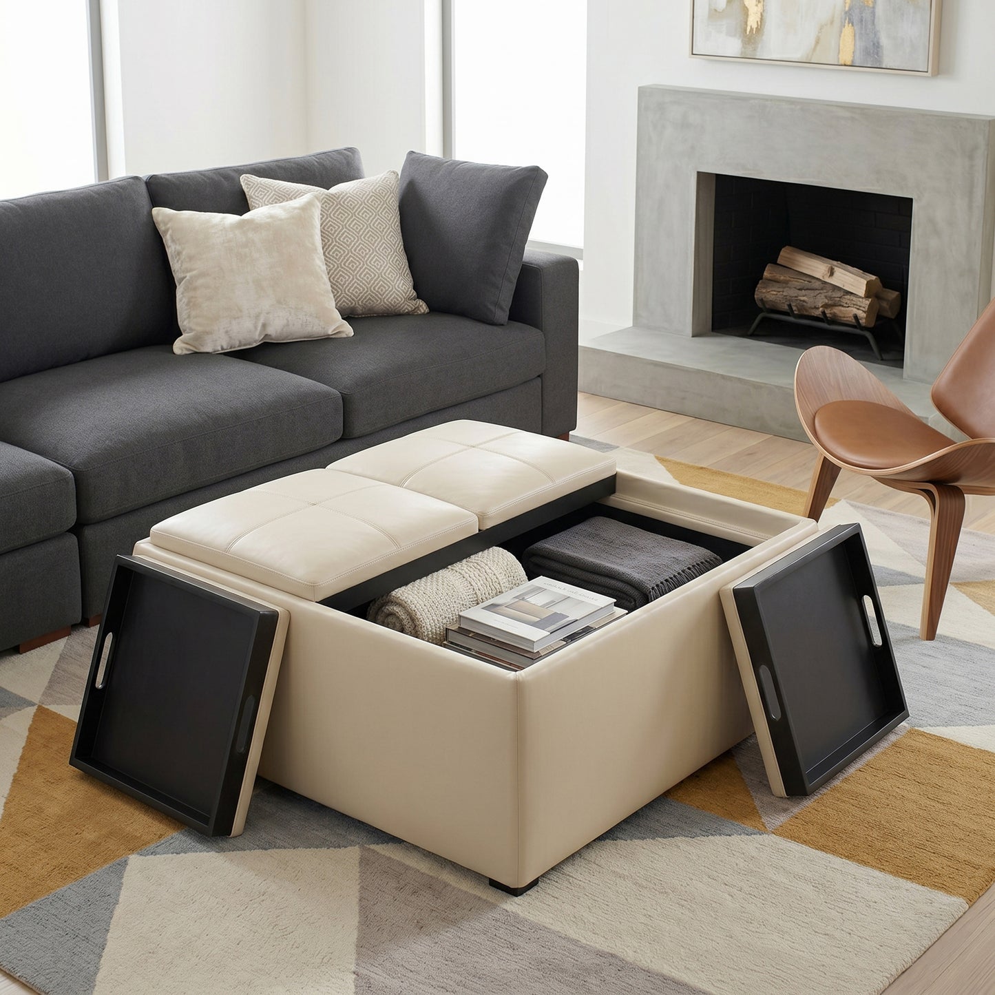 Satin Cream Vegan Leather | Avalon Table Ottoman in Vegan Leather