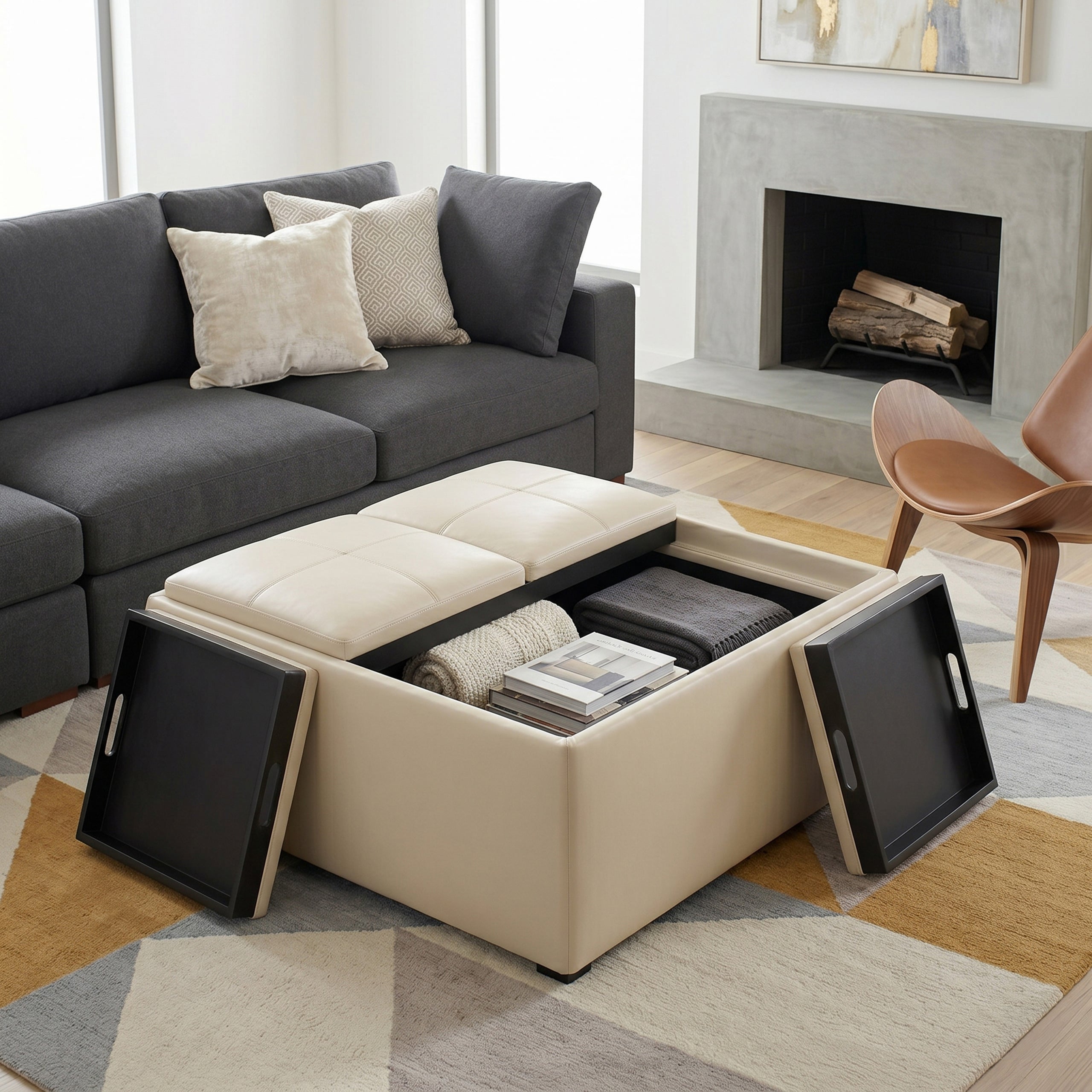 Satin Cream Vegan Leather | Avalon Table Ottoman in Vegan Leather
