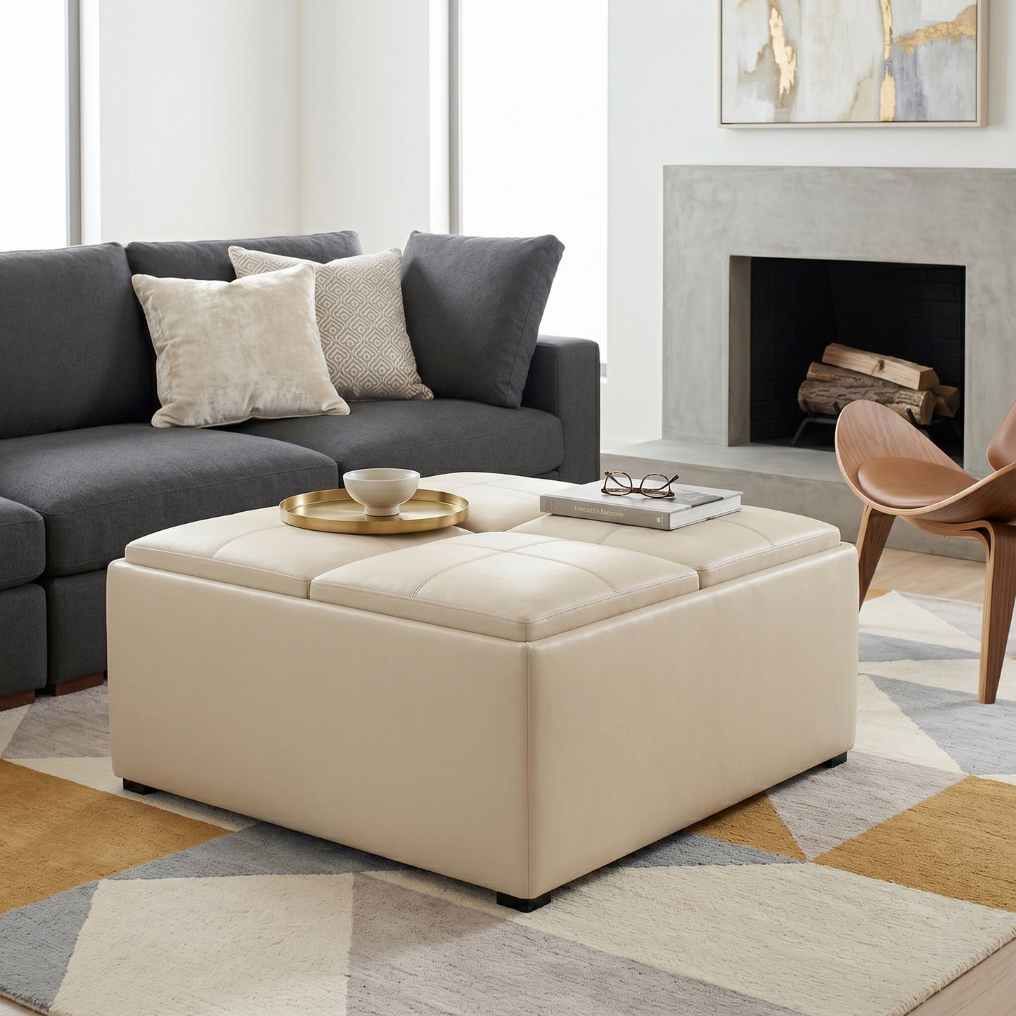 Satin Cream Vegan Leather | Avalon Table Ottoman in Vegan Leather