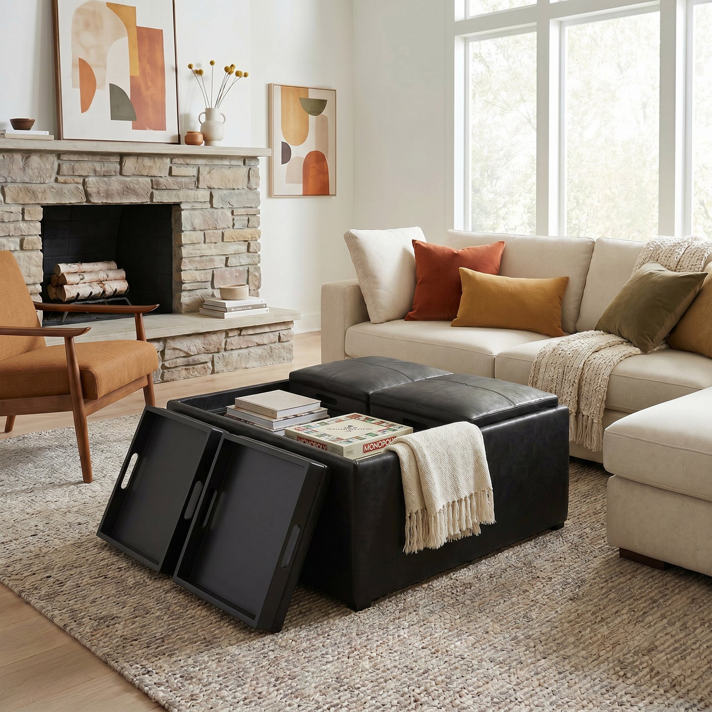 Distressed Black Distressed Vegan Leather | Avalon Table Ottoman in Distressed Vegan Leather