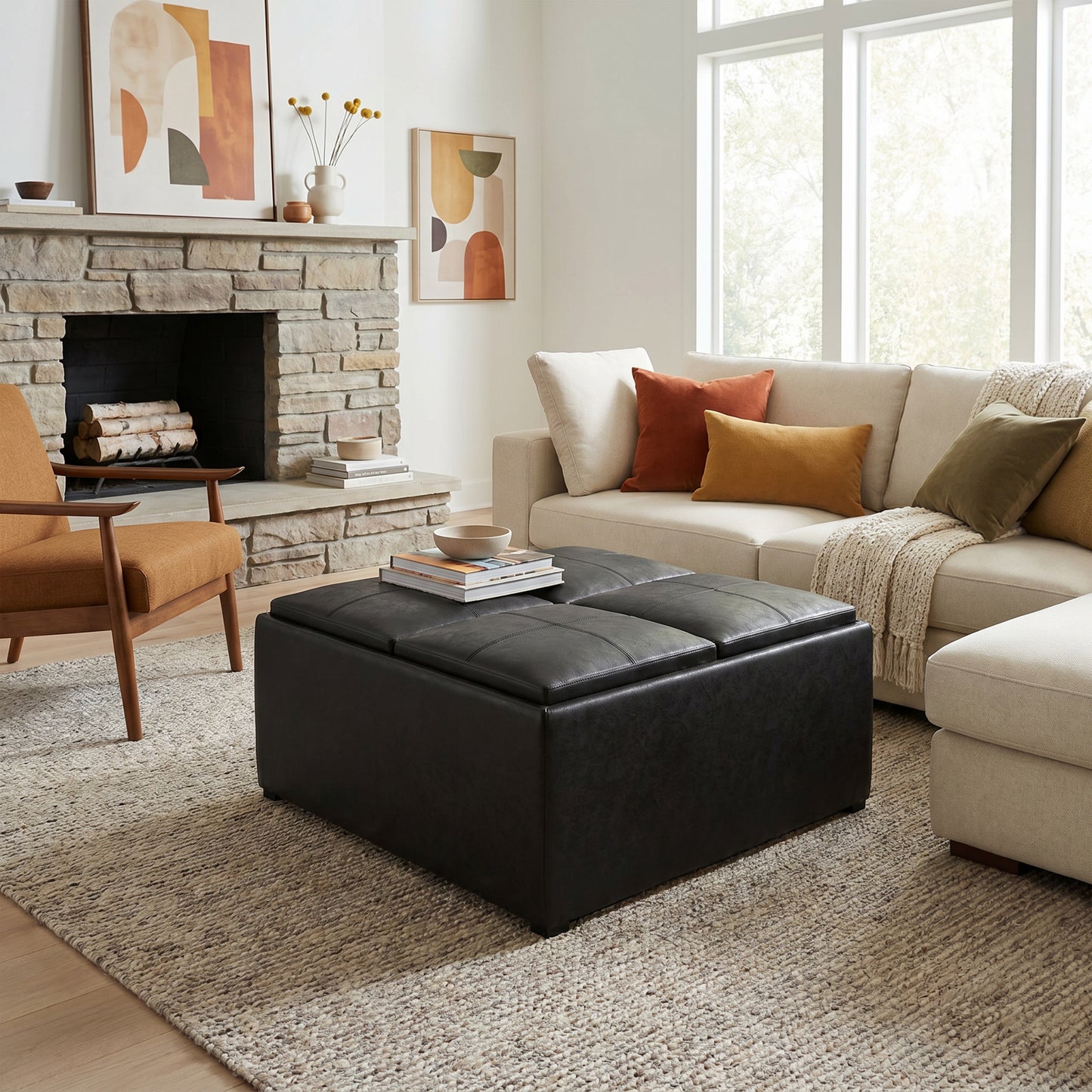 Distressed Black Distressed Vegan Leather | Avalon Table Ottoman in Distressed Vegan Leather