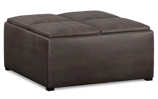 Distressed Brown Distressed Vegan Leather | Avalon Vegan Leather Square Coffee Table Storage Ottoman