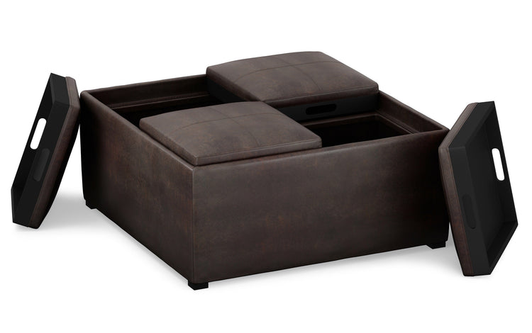 Distressed Brown Distressed Vegan Leather | Avalon Vegan Leather Square Coffee Table Storage Ottoman