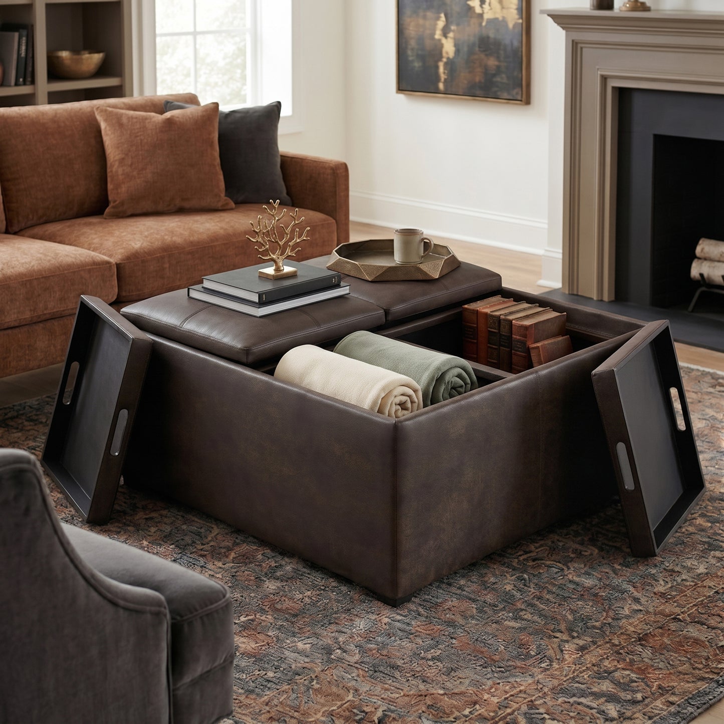 Distressed Brown Distressed Vegan Leather | Avalon Table Ottoman in Distressed Vegan Leather