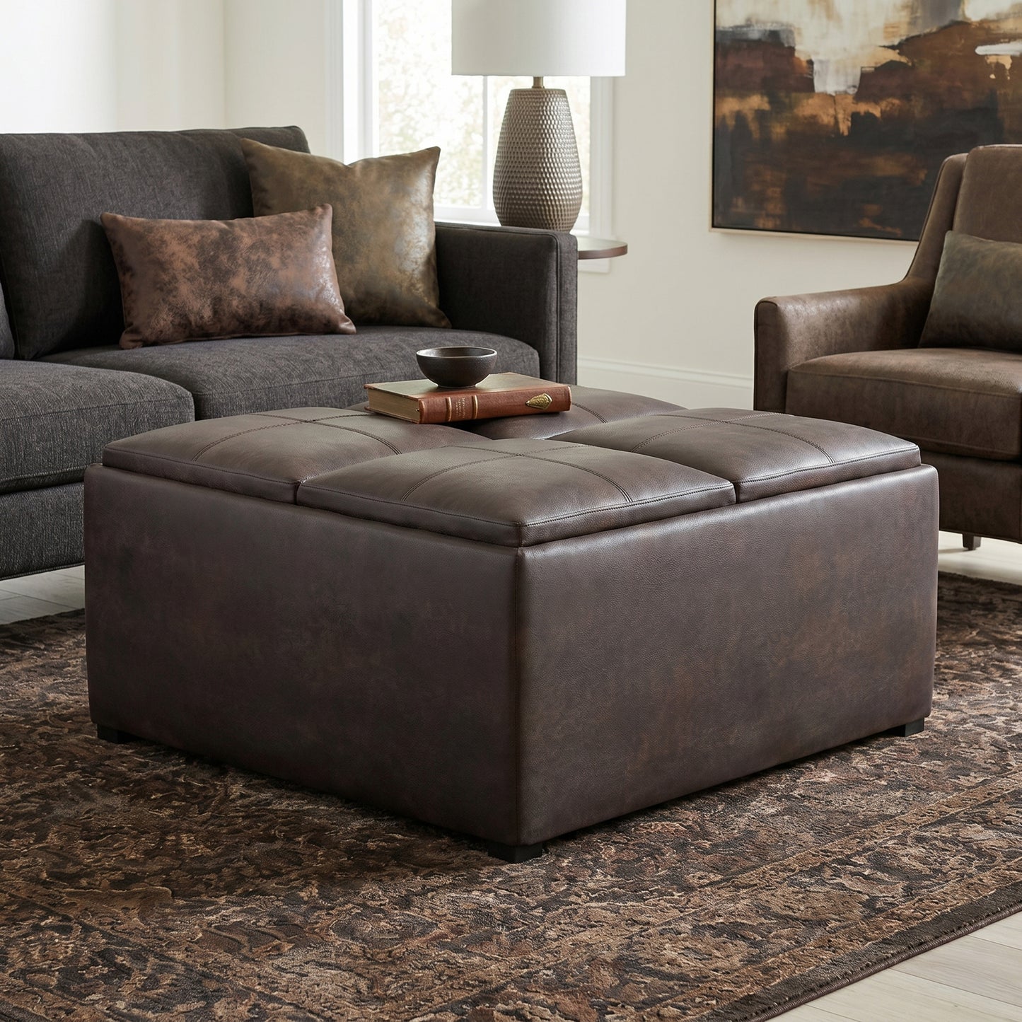 Distressed Brown Distressed Vegan Leather | Avalon Table Ottoman in Distressed Vegan Leather