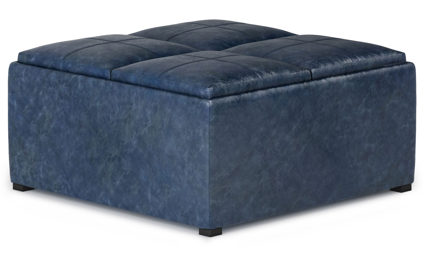 Denim Blue Distressed Vegan Leather | Avalon Vegan Leather Square Coffee Table Storage Ottoman