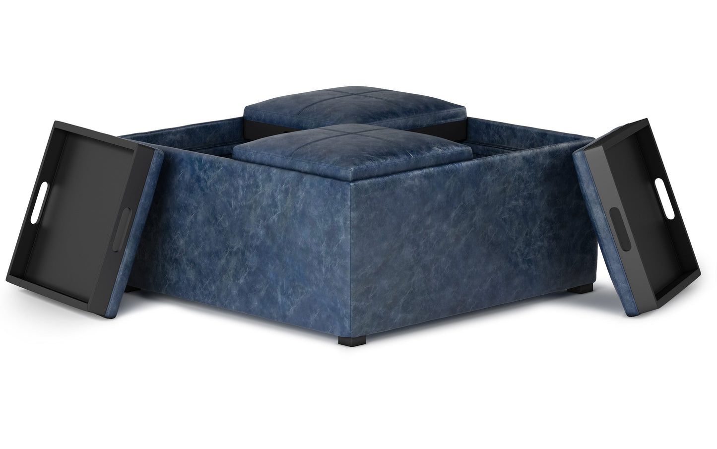 Denim Blue Distressed Vegan Leather | Avalon Vegan Leather Square Coffee Table Storage Ottoman