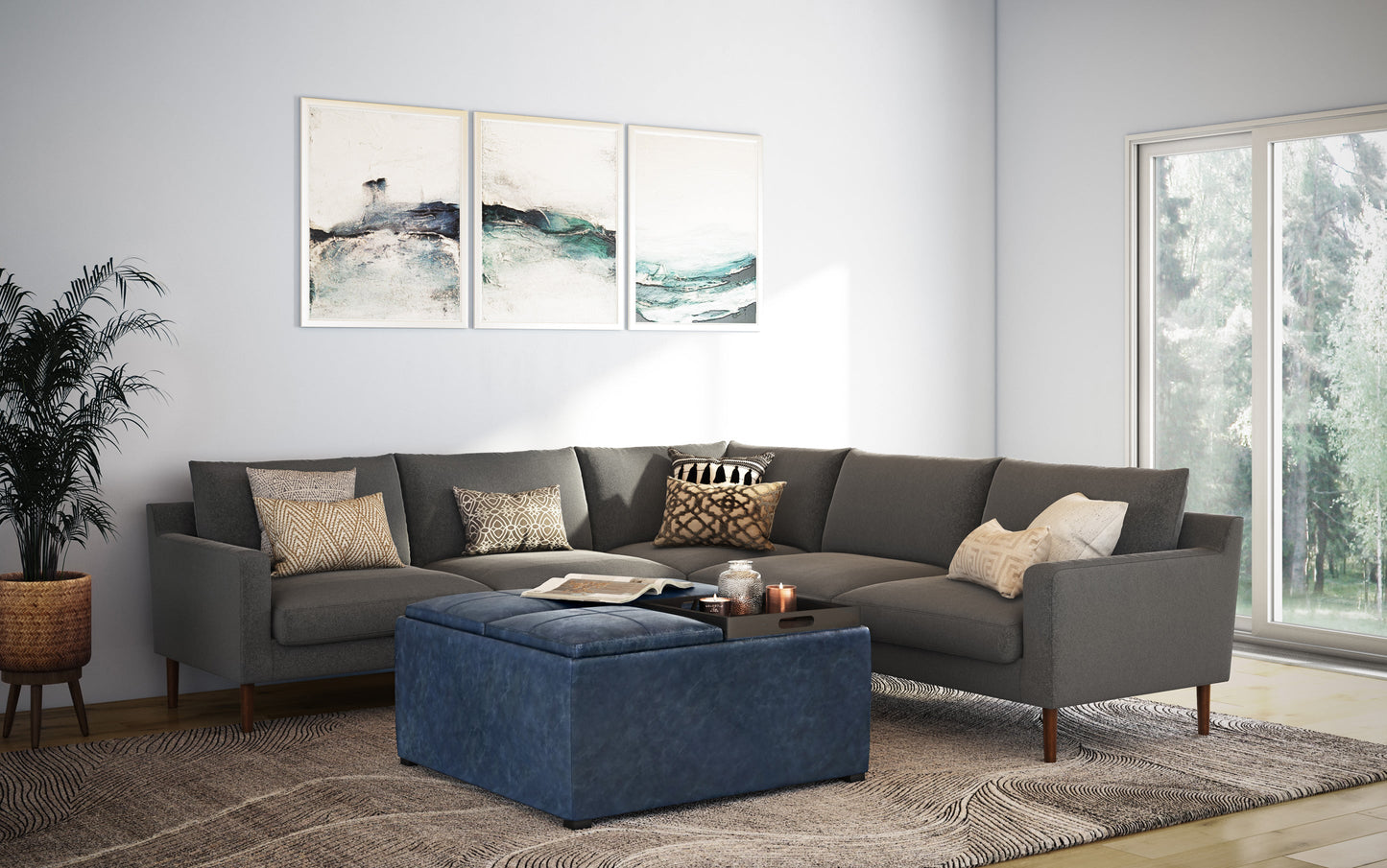 Denim Blue Distressed Vegan Leather | Avalon Vegan Leather Square Coffee Table Storage Ottoman