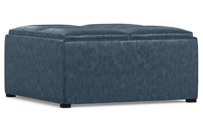 Denim Blue Distressed Vegan Leather | Avalon Vegan Leather Square Coffee Table Storage Ottoman