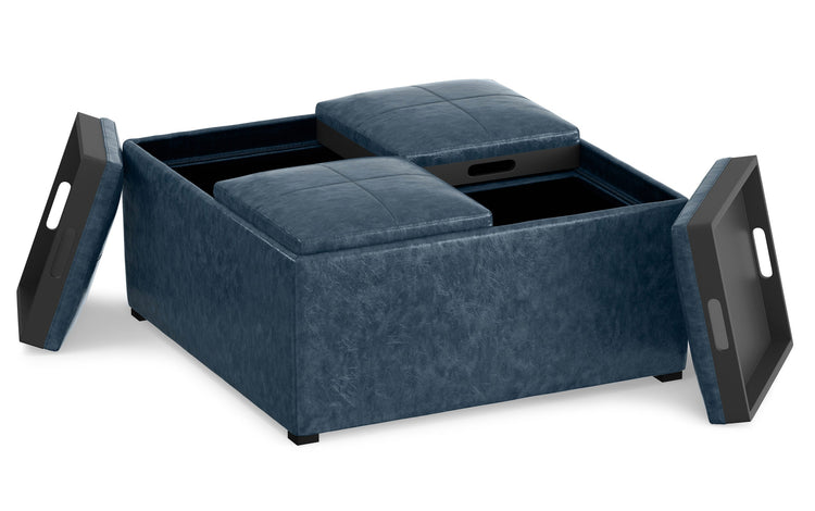 Denim Blue Distressed Vegan Leather | Avalon Vegan Leather Square Coffee Table Storage Ottoman