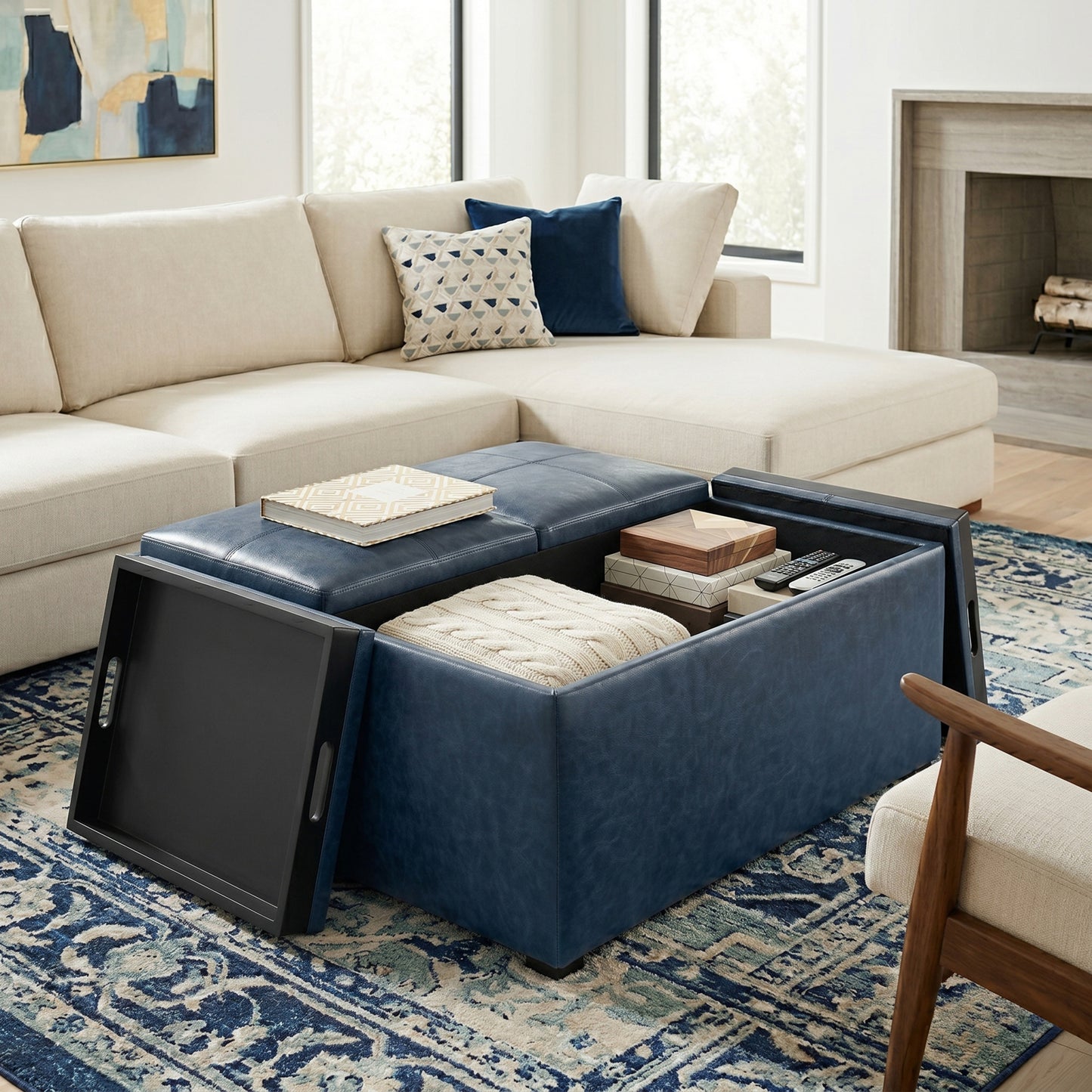 Denim Blue Distressed Vegan Leather | Avalon Table Ottoman in Distressed Vegan Leather