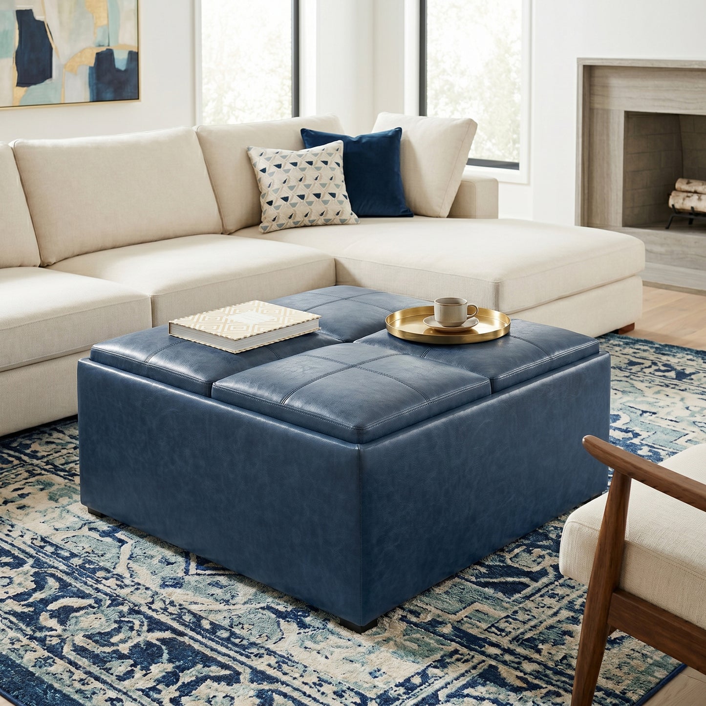 Denim Blue Distressed Vegan Leather | Avalon Table Ottoman in Distressed Vegan Leather