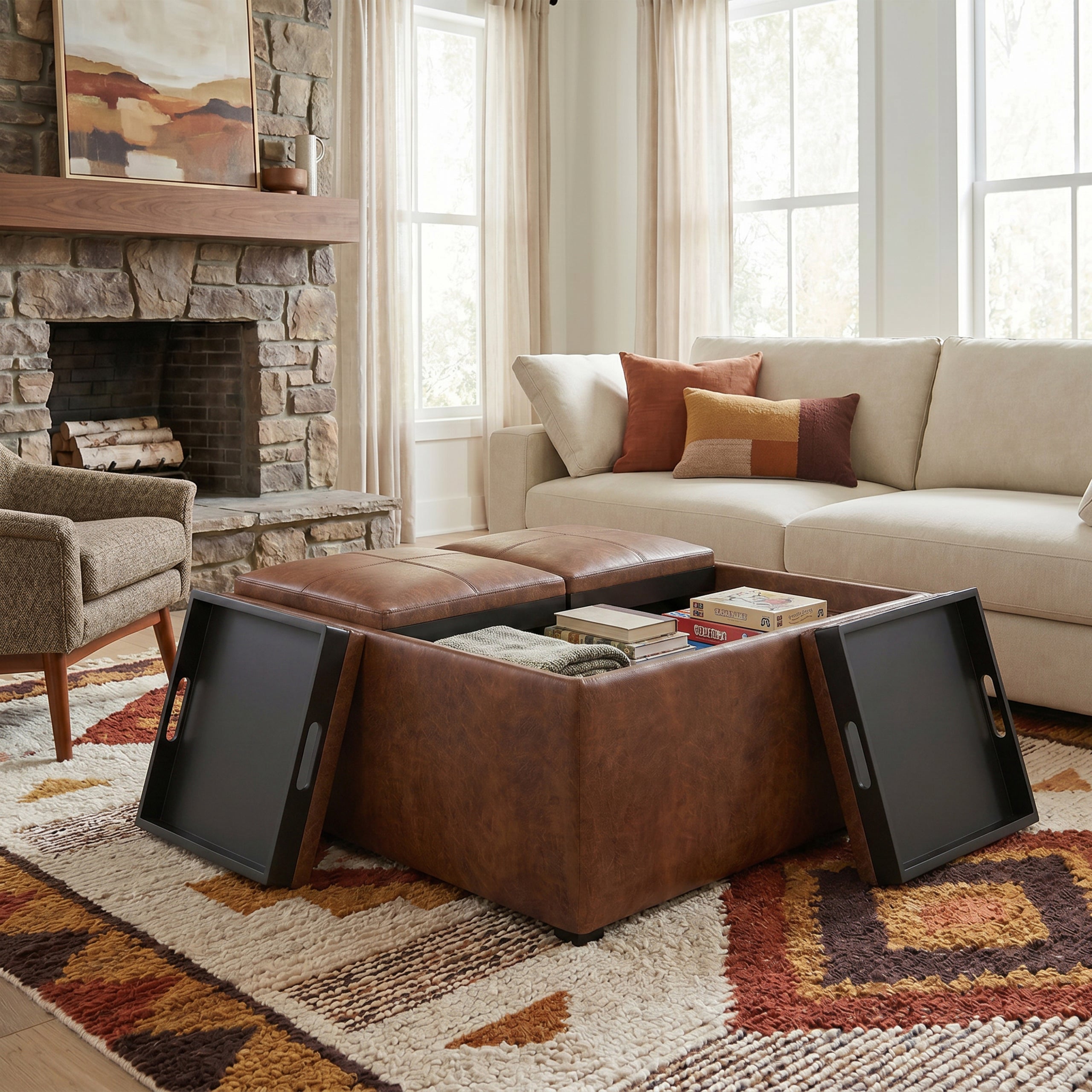 Distressed Saddle Brown Distressed Vegan Leather | Avalon Table Ottoman in Distressed Vegan Leather