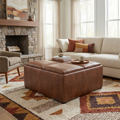Distressed Saddle Brown Distressed Vegan Leather | Avalon Table Ottoman in Distressed Vegan Leather