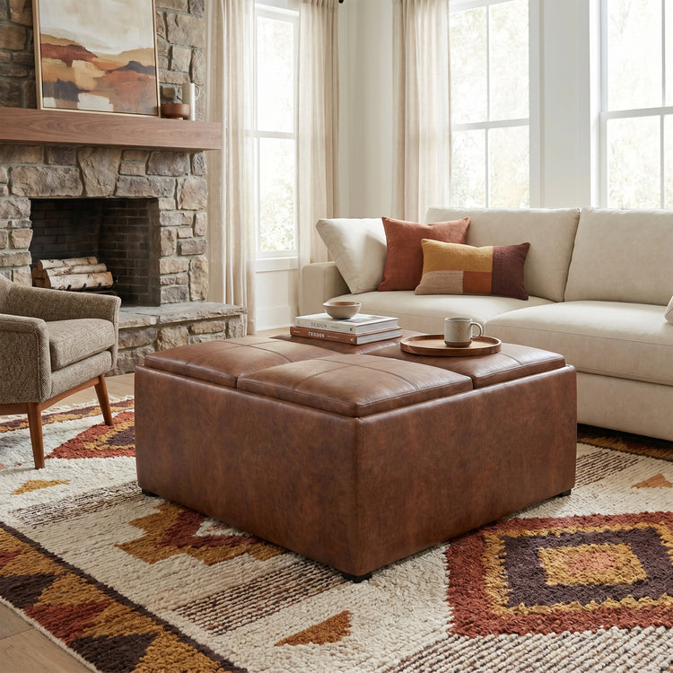 Distressed Saddle Brown Distressed Vegan Leather | Avalon Table Ottoman in Distressed Vegan Leather