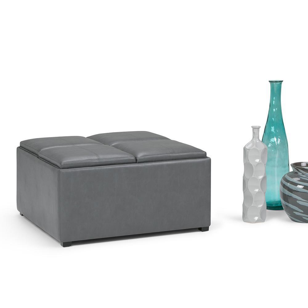 Stone Grey Vegan Leather | Avalon Vegan Leather Square Coffee Table Storage Ottoman