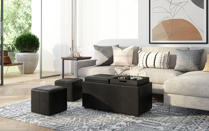 Distressed Black | 5 Pc Storage Ottoman in Distressed Vegan Leather