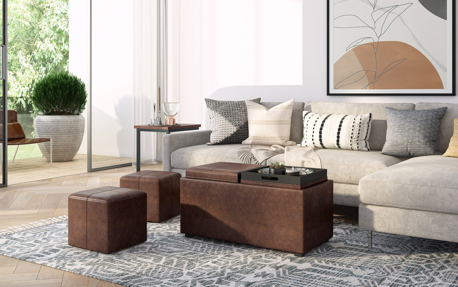 Distressed Chestnut Brown | 5 Pc Storage Ottoman in Distressed Vegan Leather