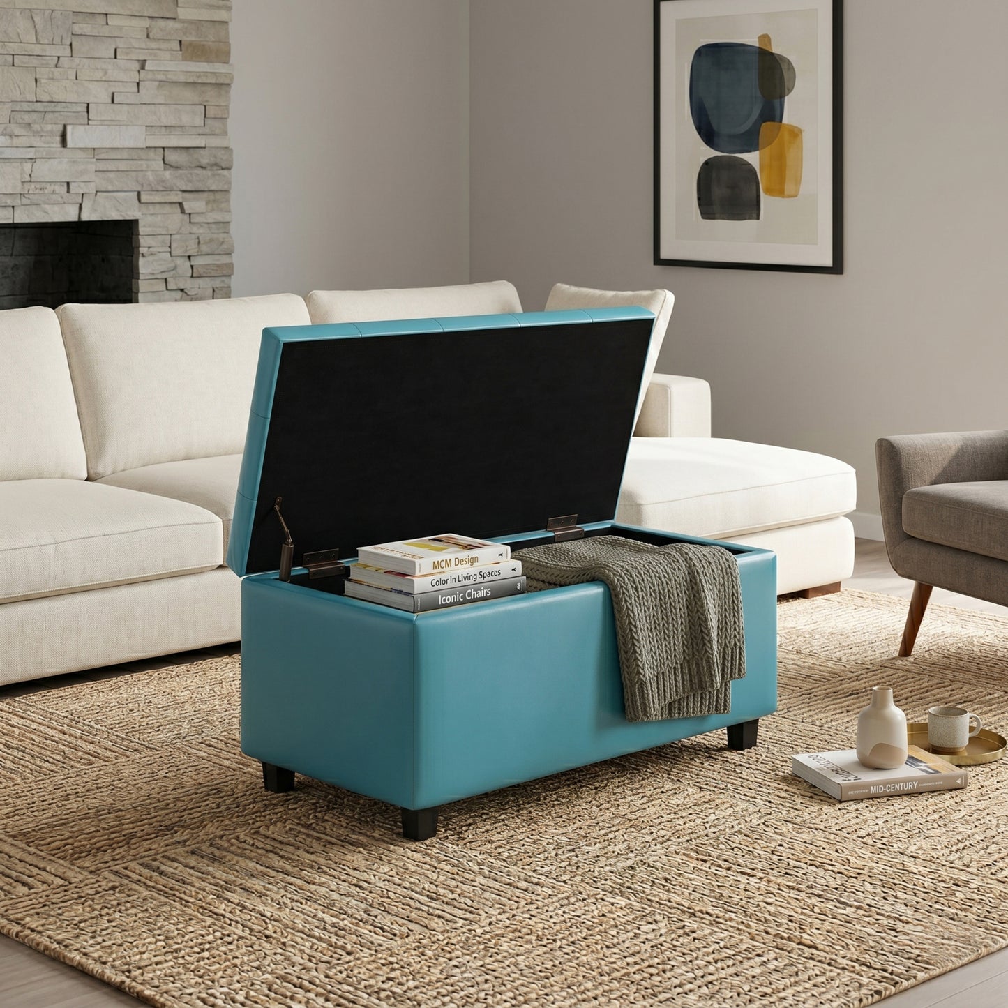 Soft Blue Vegan Leather | Cosmopolitan Storage Ottoman in Vegan Leather