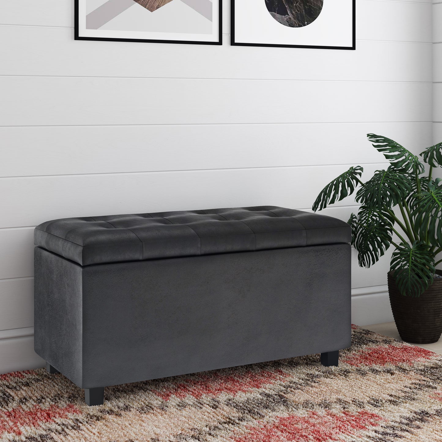 Distressed Black Distressed Vegan Leather | Cosmopolitan Storage Ottoman in Distressed Vegan Leather