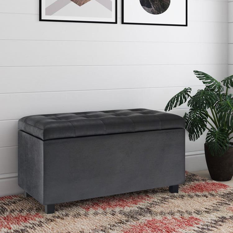 Distressed Black Distressed Vegan Leather | Cosmopolitan Storage Ottoman in Distressed Vegan Leather