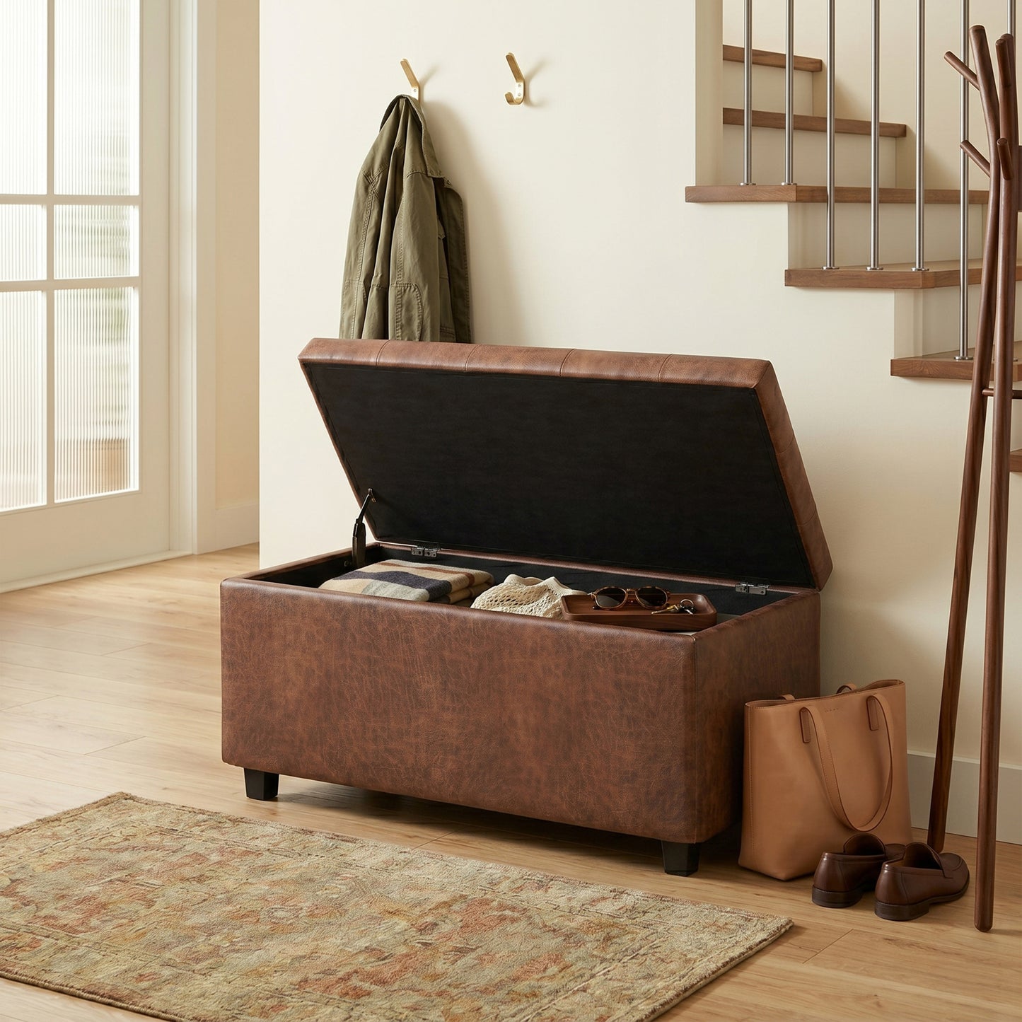 Distressed Saddle Brown Distressed Vegan Leather | Cosmopolitan Storage Ottoman in Distressed Vegan Leather