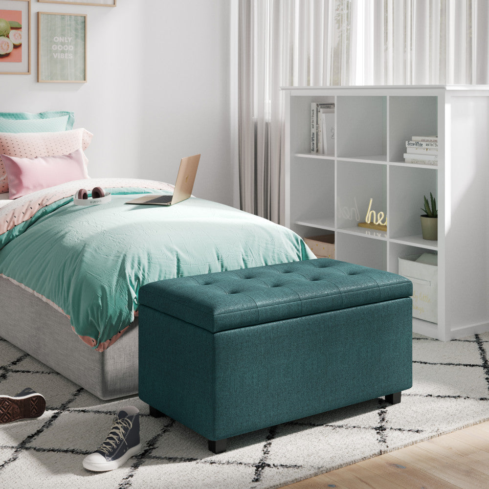Teal Linen Style Fabric | Cosmopolitan Vegan Leather Storage Ottoman