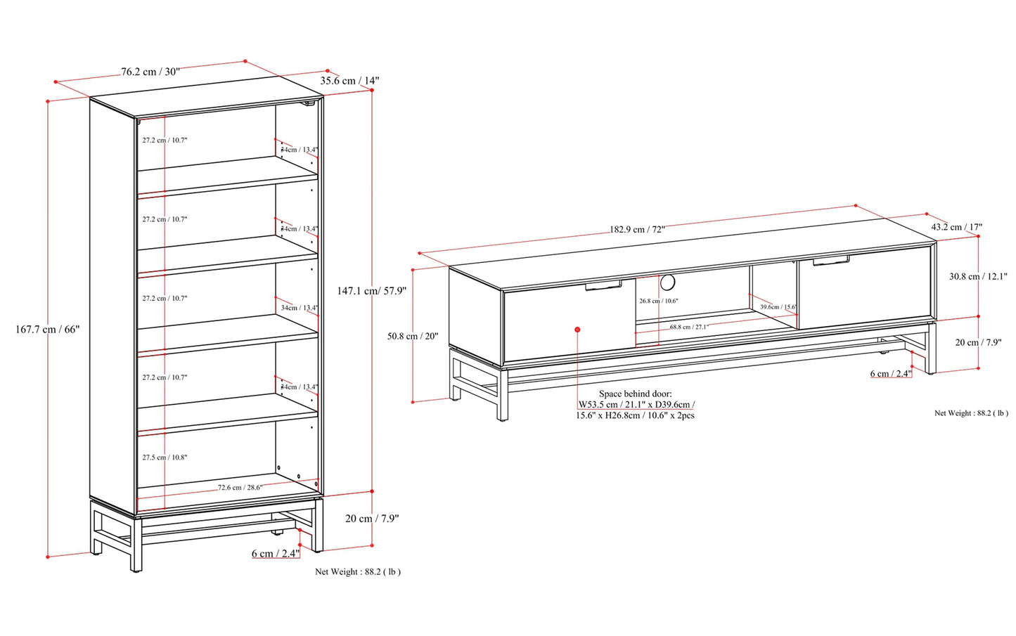 Banting 72 inch Low TV Stand with 30 inch Bookcases (Set of 3)