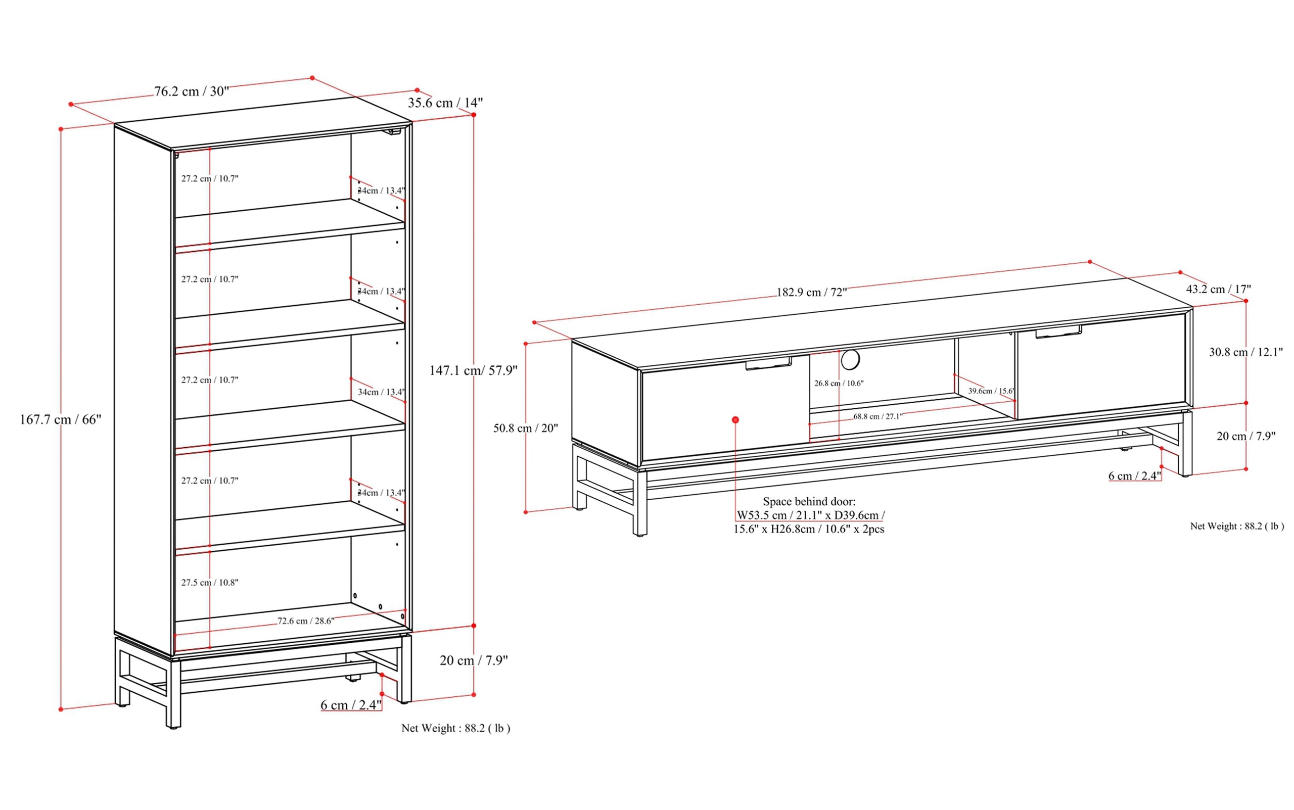 Banting 72 inch Low TV Stand with 30 inch Bookcases (Set of 3)