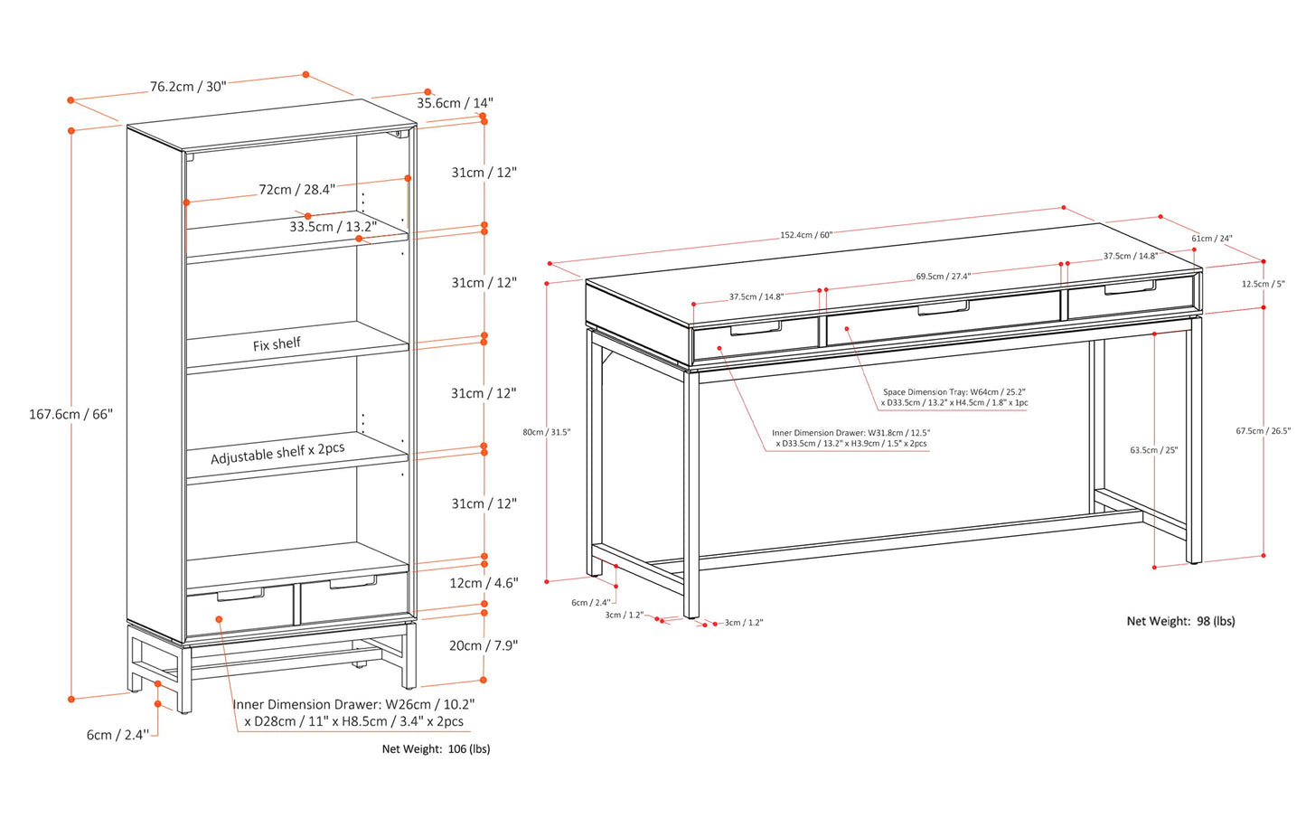 Walnut Brown | Banting 60 inch Desk and 30 inch Bookcase (Set of 2)