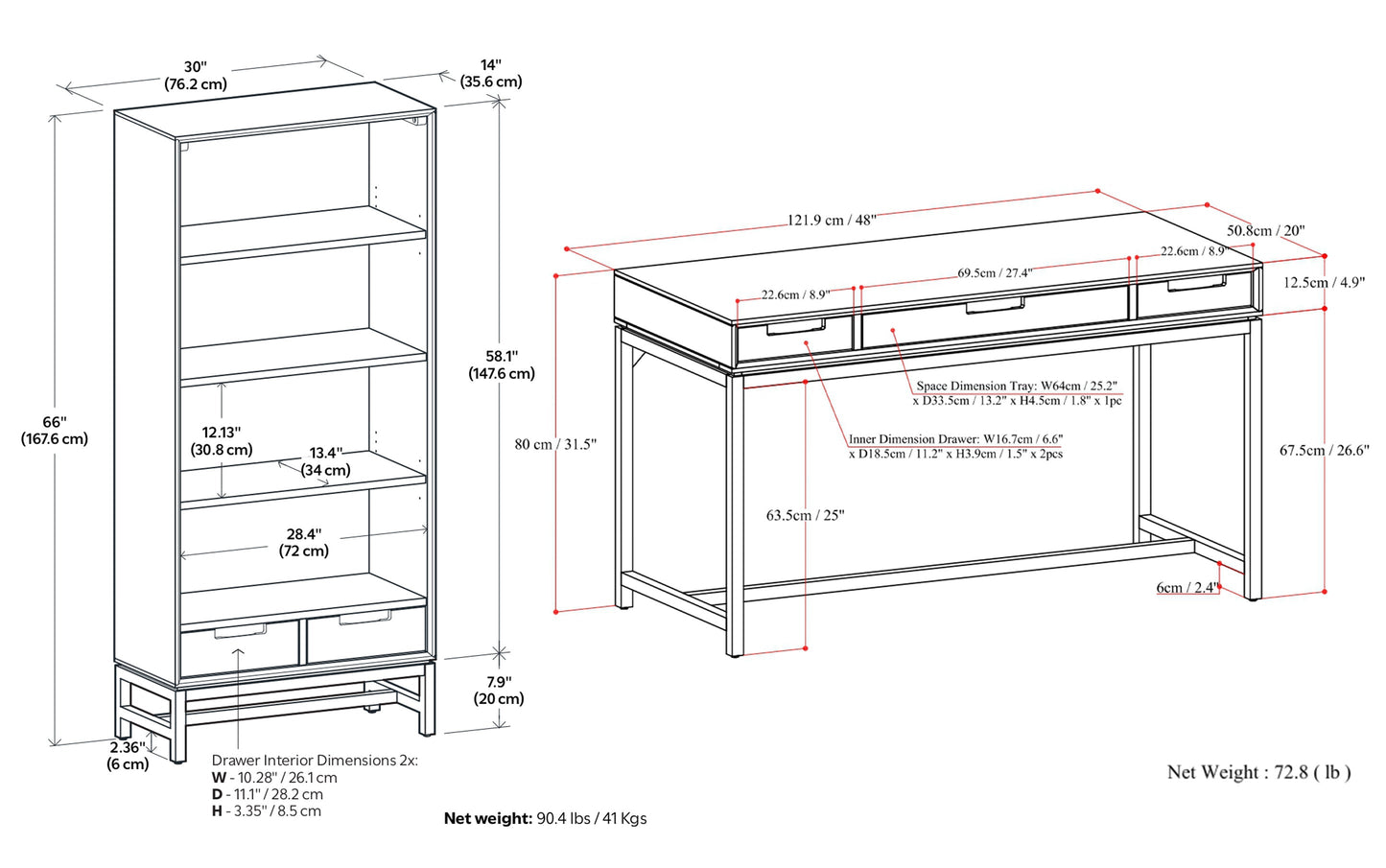 Walnut Brown | Banting 48 inch Desk and 30 inch Bookcase