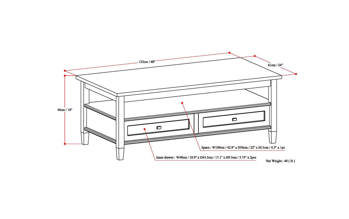 Fog Grey | Warm Shaker 48 inch Coffee Table