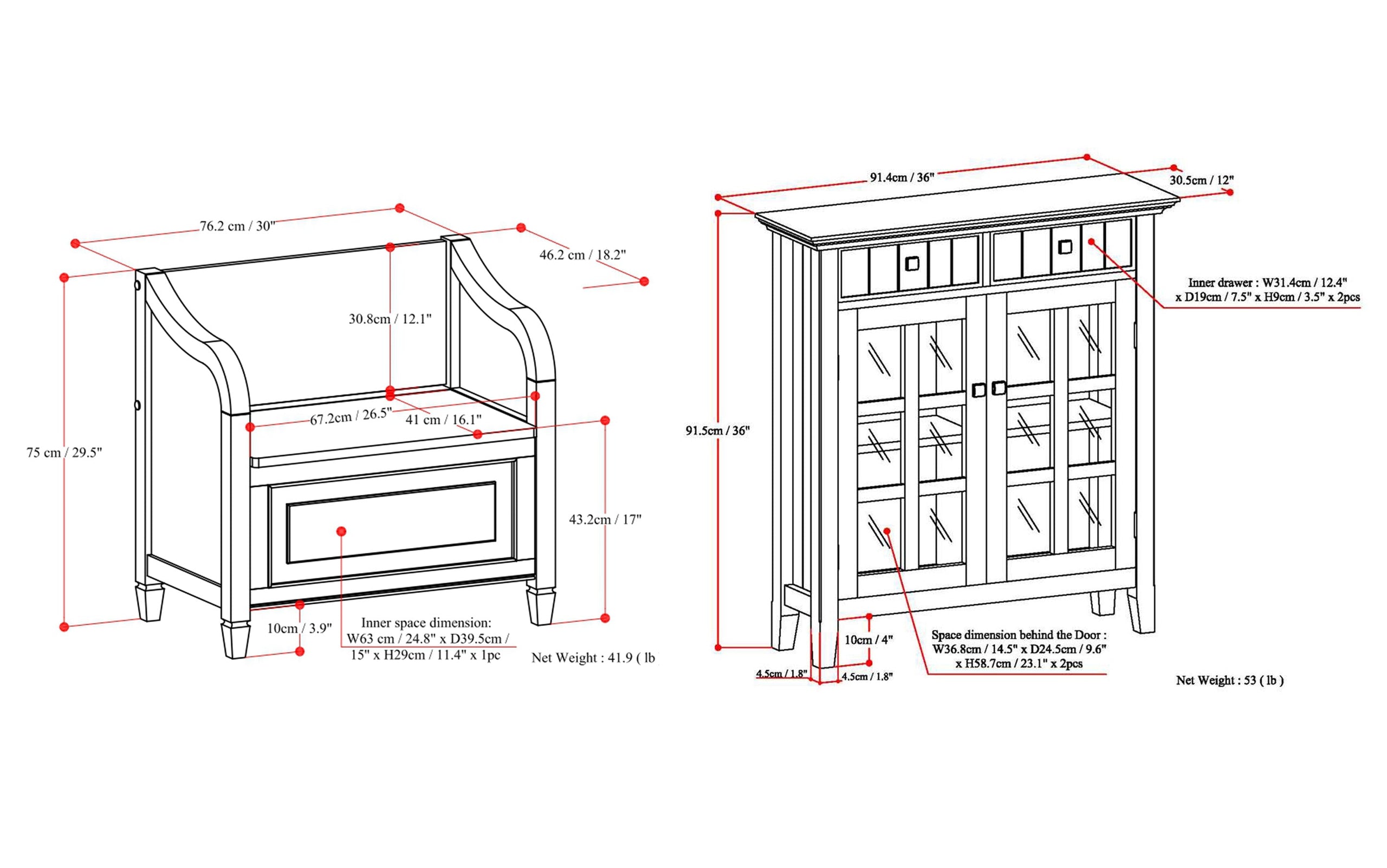 Chestnut Brown | Connaught 30-inch Storage Bench and 40-inch Cabinet