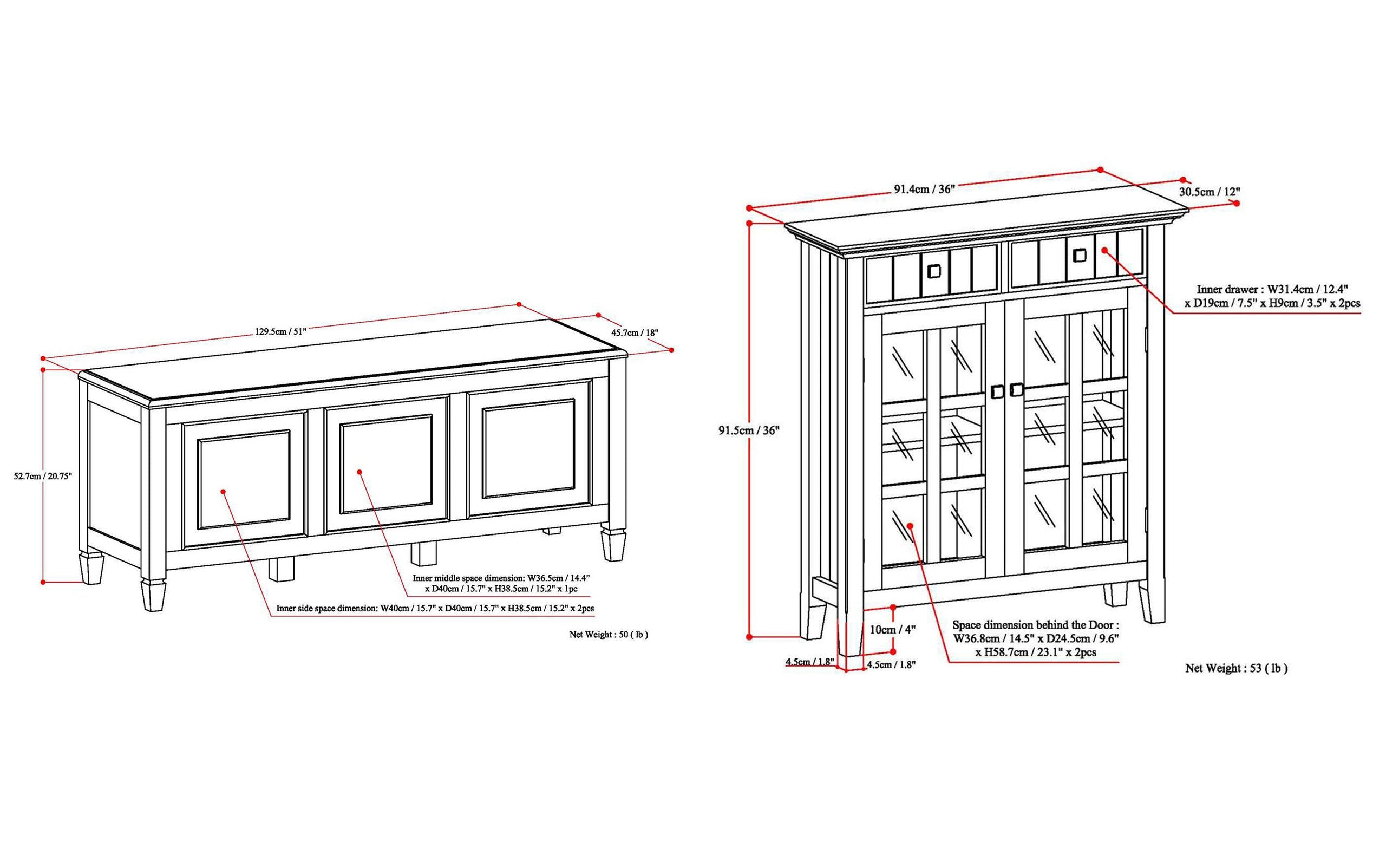 Black | Connaught 51-inch Storage Bench and 40-inch Cabinet