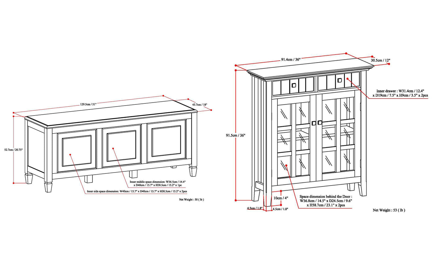 Dark Chestnut Brown | Connaught 51-inch Storage Bench and 40-inch Cabinet