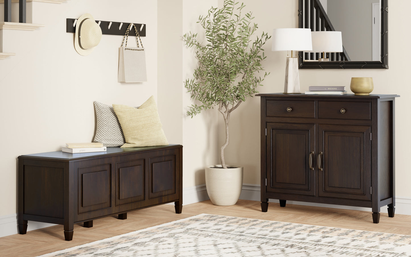 Dark Chestnut Brown | Connaught 51-inch Storage Bench and 40-inch Cabinet