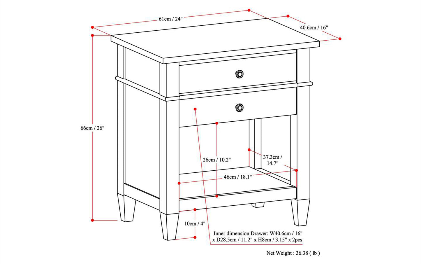 Dark Tobacco Brown | Carlton 24 inch Bedside Table (Set of 2)