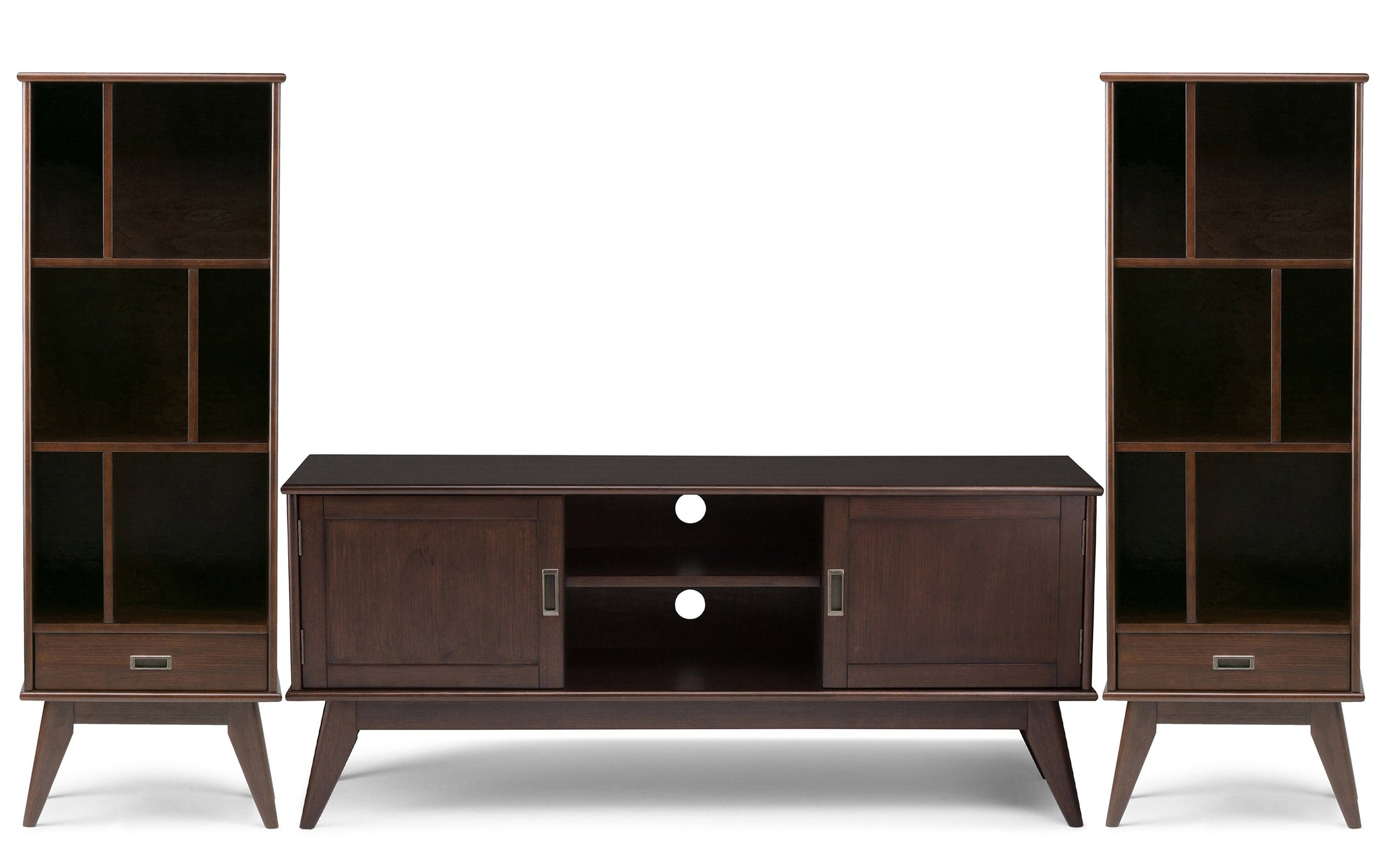Medium Auburn Brown | Draper 60W TV Stand with Set of Two 22W Cubbie Bookcases w/ Drawer
