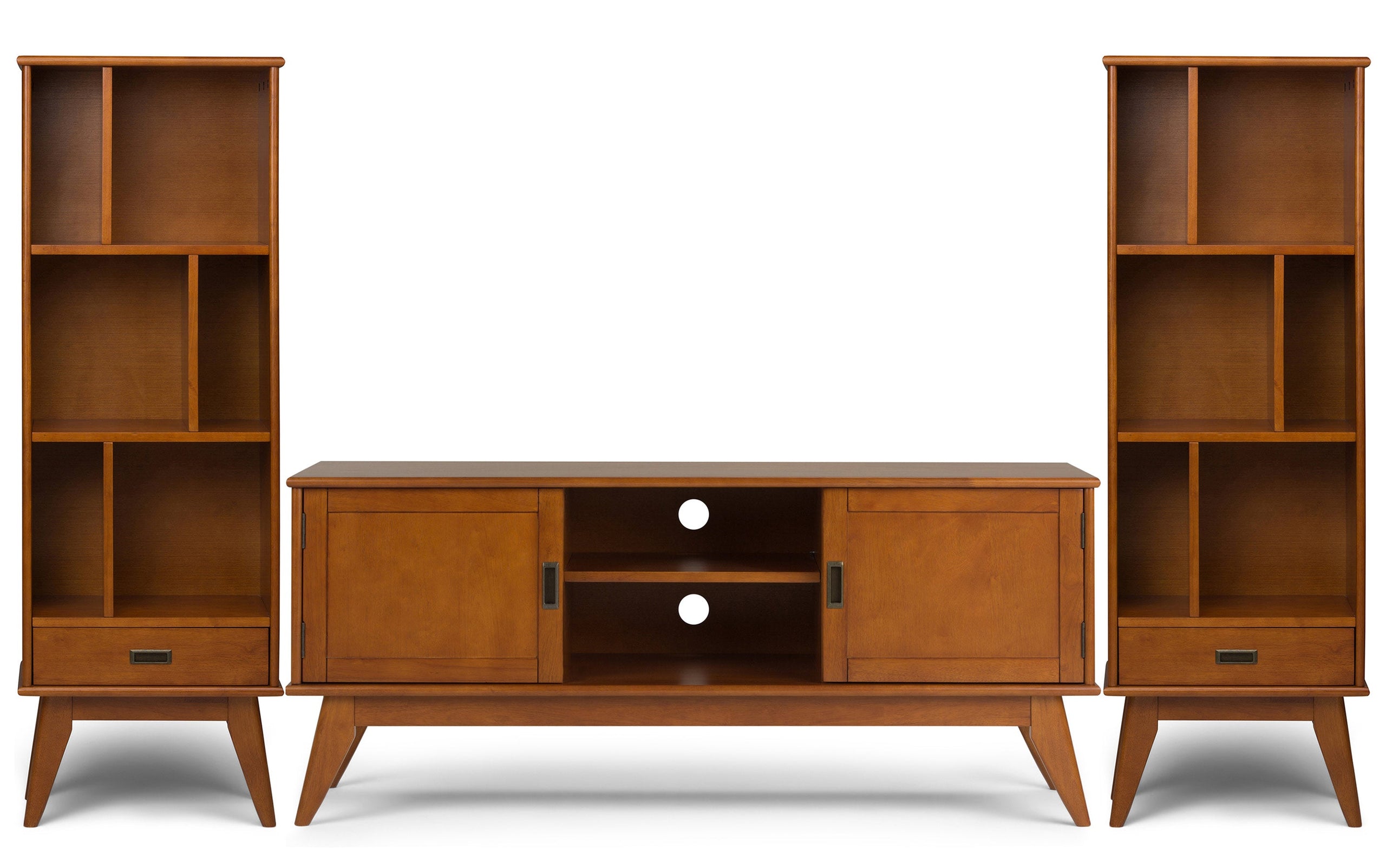 Teak Brown | Draper 60W TV Stand with Set of Two 22W Cubbie Bookcases w/ Drawer