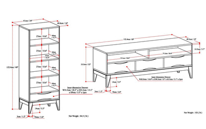 Teak Brown | Harper 60W TV Stand with Set of Two 24W 4 Shelf Bookcases w/ Drawer