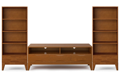 Teak Brown | Harper 60W TV Stand with Set of Two 24W 4 Shelf Bookcases w/ Drawer