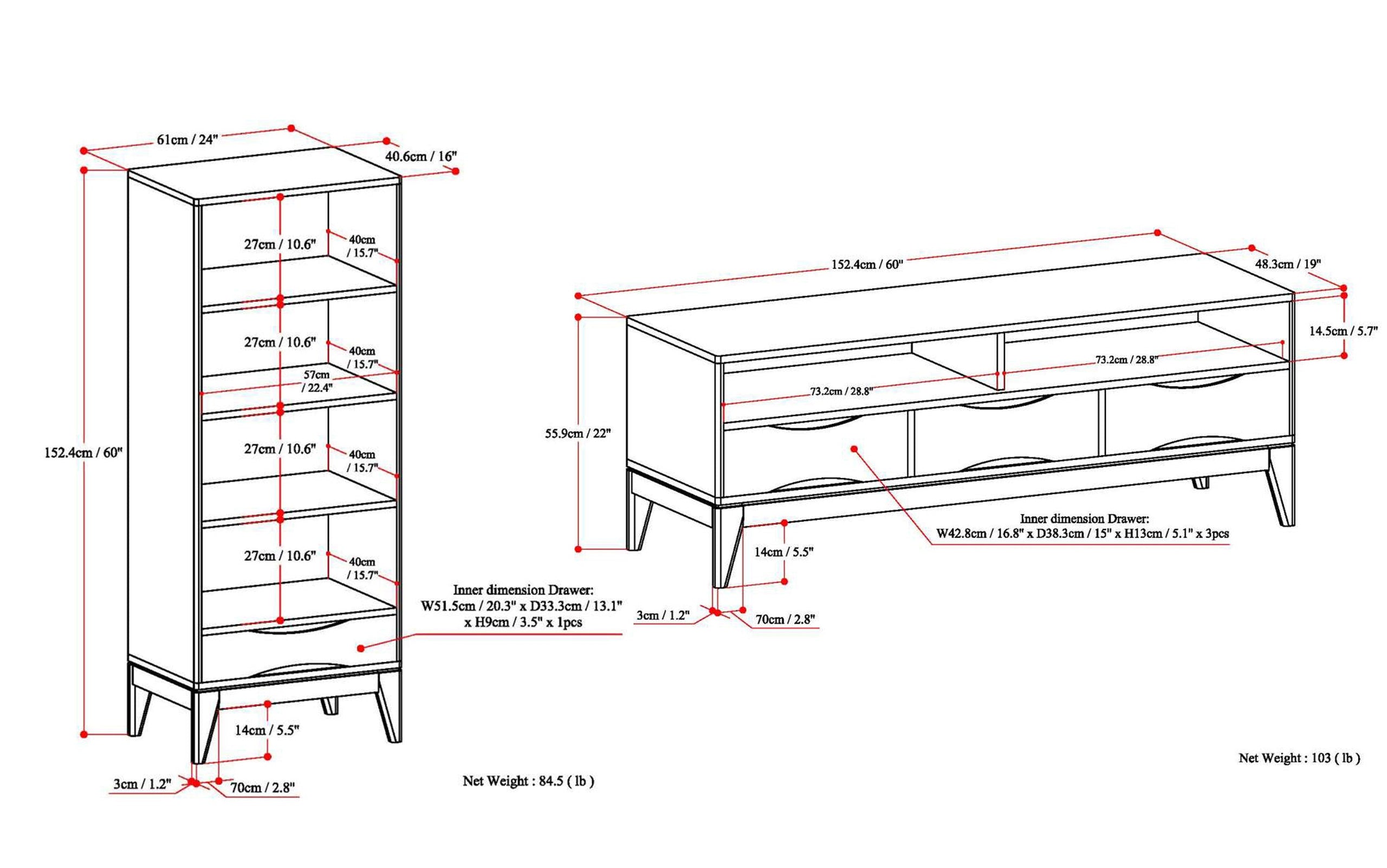 Walnut Brown | Harper 60W TV Stand with Set of Two 24W 4 Shelf Bookcases w/ Drawer