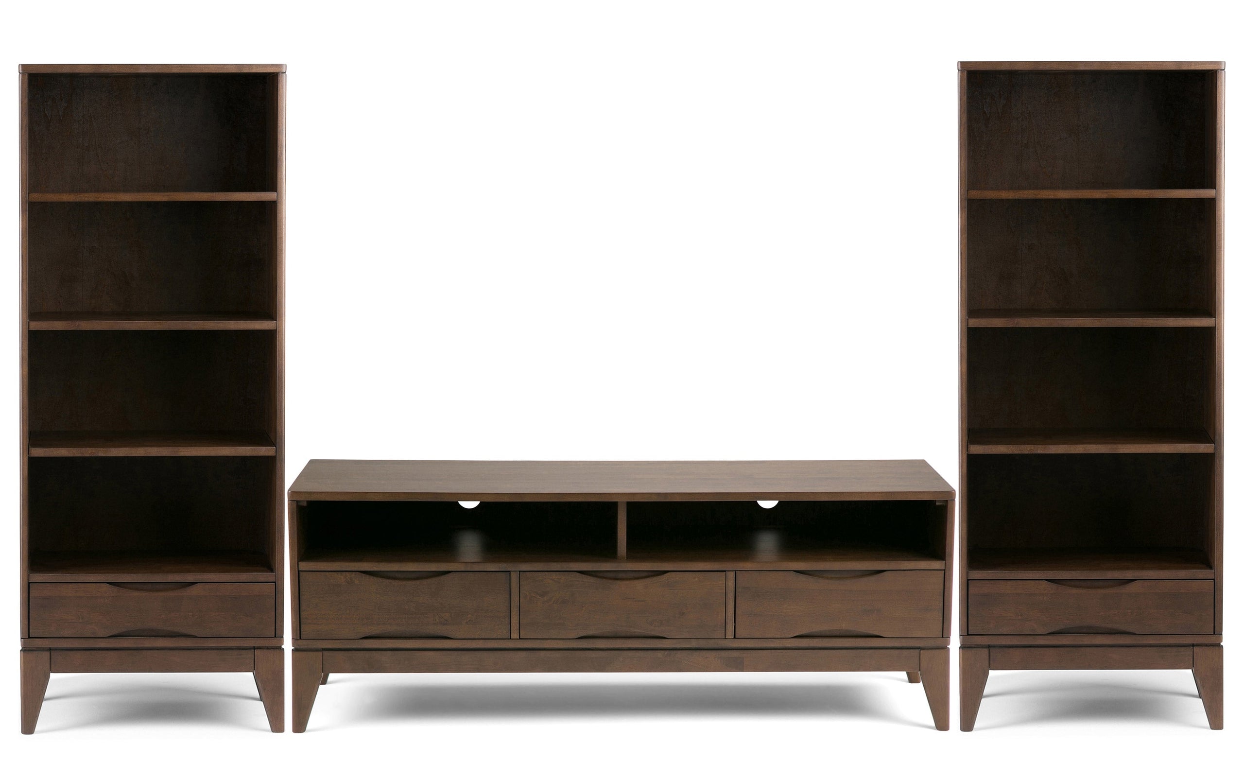 Walnut Brown | Harper 60W TV Stand with Set of Two 24W 4 Shelf Bookcases w/ Drawer