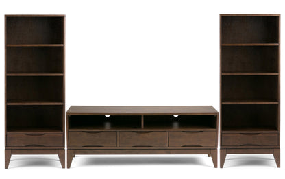 Walnut Brown | Harper 60W TV Stand with Set of Two 24W 4 Shelf Bookcases w/ Drawer