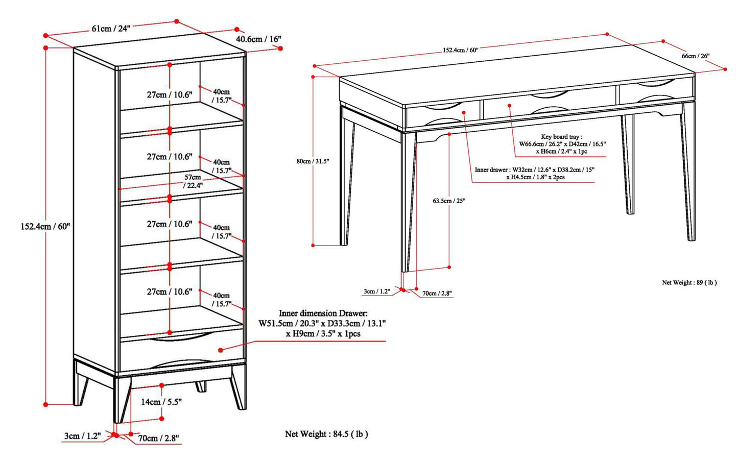 Black | Harper 60 inch Desk and 24 inch Bookcase