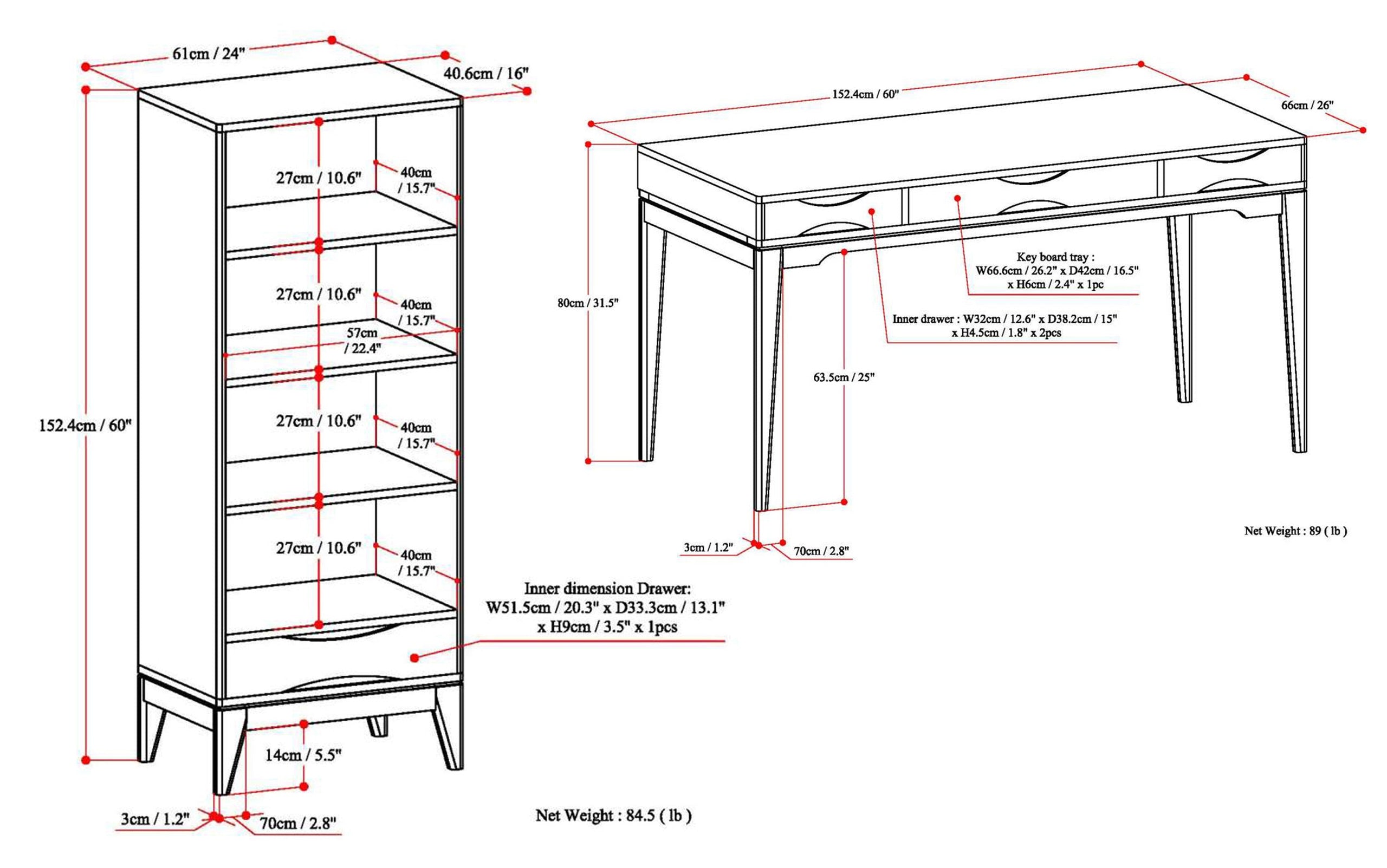 Walnut Brown | Harper 60 inch Desk and 24 inch Bookcase