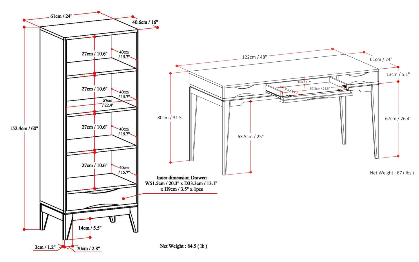 Walnut Brown | Harper 48 inch Desk and 24 inch Bookcase