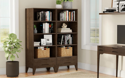 Walnut Brown | Harper 24W 4 Shelf Bookcase with Drawer (Set of 2)